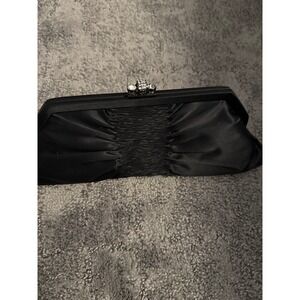 Franchi Black Satin Ruched Clutch Evening Bag Rhinestone Clasp Chain Strap